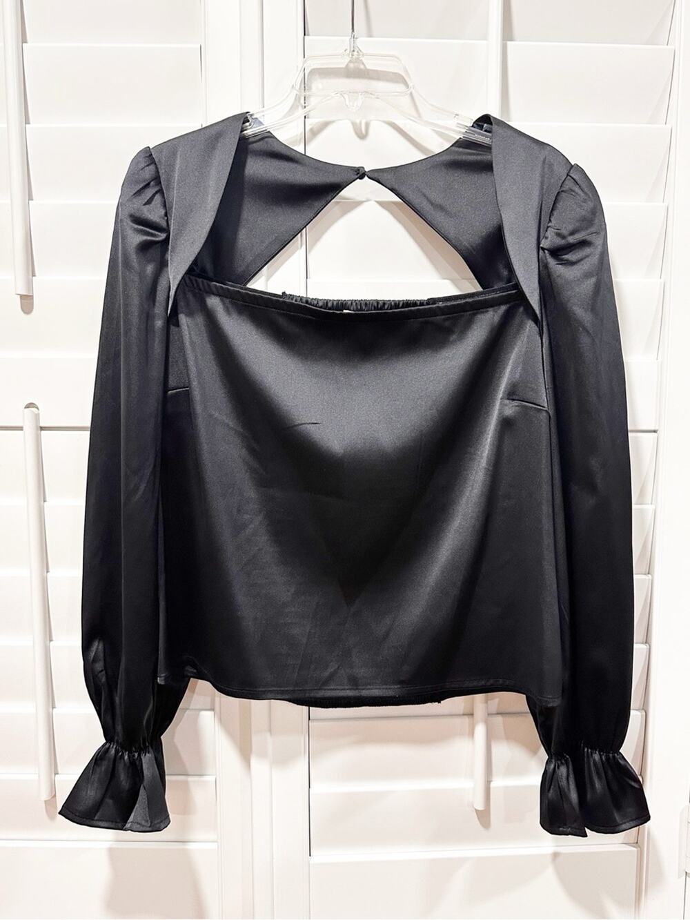 Highlowluxe X The Drop Top Black Satin Open Back Puff Sleeve Blouse Large Amazon